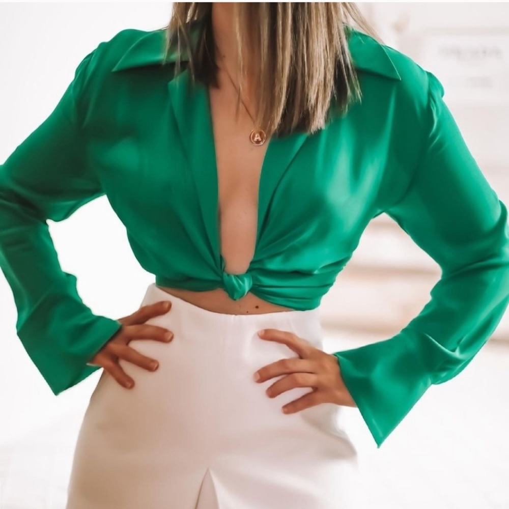 NWT ZARA Knotted Crop Top Green S Blogger’s Fav - Picture 6 of 13